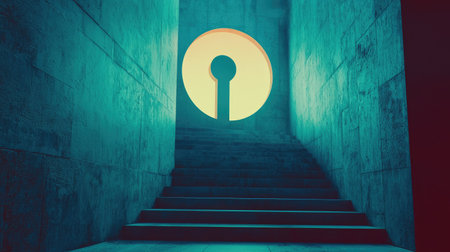 A captivating abstract image depicting a dramatic entrance with a glowing circular shape at the top of a staircase, creating a unique visual narrative.の素材
