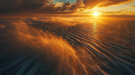 Experience the serene beauty of a sunset over the ocean, showcasing golden light reflecting on the waves as winds dance across the water's surface.の素材