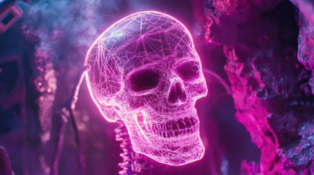 A captivating neon skull rendered in intricate wireframe design, set against a dark and atmospheric background, showcasing a blend of art and technology.の素材