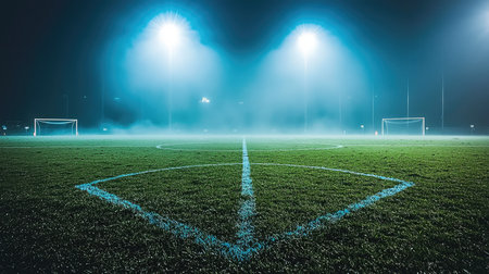 An enchanting view of a misty soccer field illuminated by strong floodlights at night. The serene atmosphere invites a sense of calm amidst the excitement of sports.の素材