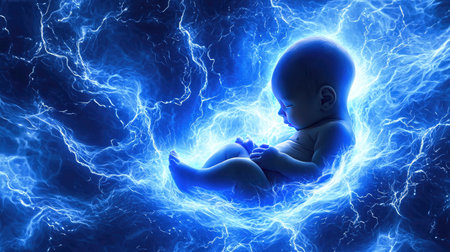 A mesmerizing image of a serene baby surrounded by dynamic electric blue energy, evoking feelings of wonder, imagination, and the essence of life. Ideal for concepts of creation and innocence.の素材