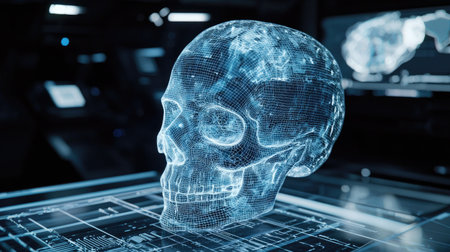 A transparent, holographic skull model depicted in a modern laboratory setting, showcasing advanced technology and digital representation of human anatomy for educational and research purposes.の素材