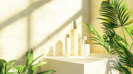 A serene display of elegant skincare products illuminated by soft sunlight, surrounded by lush greenery, creates a tranquil and inviting atmosphere perfect for relaxation and self-care.の素材