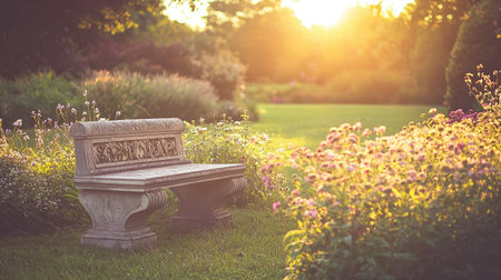 A tranquil scene featuring a stone bench nestled among blooming flowers, bathed in warm sunset light, perfect for moments of relaxation and reflection.の素材