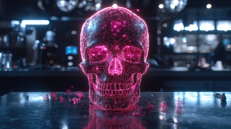 A captivating 3D representation of a neon skull, glowing with vibrant digital light effects in a modern, dark environment. Perfect for themes of technology and art.の素材