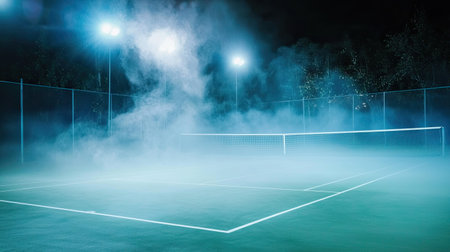 A foggy tennis court illuminated by bright lights creates a mysterious and eerie atmosphere. The scene captures the essence of night sports, emphasizing solitude and anticipation.の素材