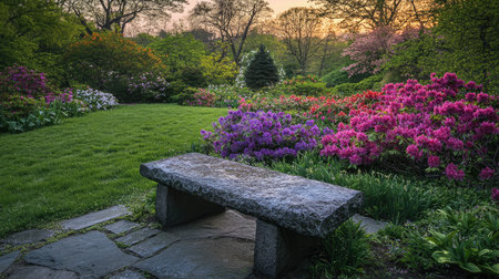 A tranquil garden scene features a rustic stone bench surrounded by vibrant azaleas and lush greenery. The morning light enhances the beauty of nature.の素材