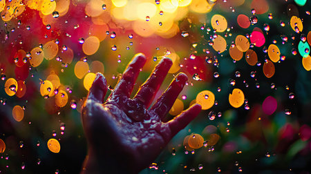 A hand reaches out to catch sparkling water drops amidst a vibrant bokeh backdrop. The interplay of light and color creates a refreshing and joyful atmosphere.の素材