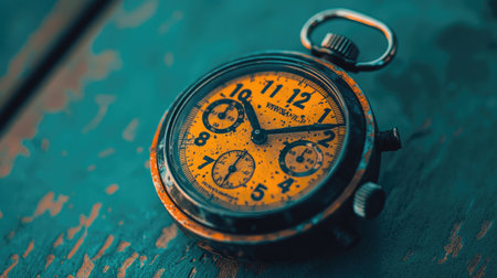 A striking close-up of a vintage stopwatch with an orange dial resting on a rustic wooden surface, showcasing craftsmanship and intricate details of time measurement.の素材