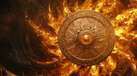 A stunning golden shield with intricate designs is surrounded by vibrant flames. This artwork captures the essence of power, protection, and ancient artistry.の素材
