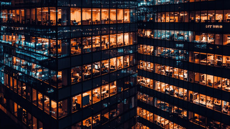 This stunning aerial shot captures a modern office building at night, revealing illuminated windows that suggest a bustling workplace and urban lifestyle.の素材