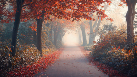 A serene pathway lined with vibrant autumn leaves and trees, enveloped in soft fog. This tranquil scene invites exploration and reflects nature's seasonal beauty.の素材