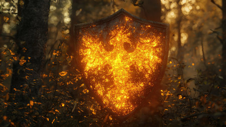 A striking image of a fiery shield glowing in an enchanted forest, surrounded by warm autumn foliage and mystical light, reflecting fantasy and adventure.の素材