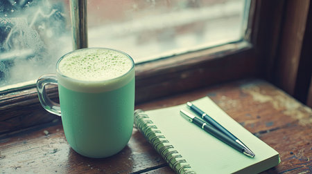 A serene coffee scene featuring a mug of warm beverage alongside a notepad and pens, resting on a wooden surface by a window, perfect for work or relaxation.の素材