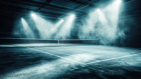 An indoor tennis court features dramatic lighting and fog, creating an intense atmosphere. The empty court invites anticipation for upcoming matches or training sessions.の素材
