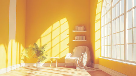 A cozy and bright room featuring vibrant yellow walls, a comfortable chair, and abundant natural light. Ideal for relaxation and mindful moments.の素材