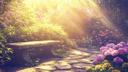 A serene garden path features a stone bench surrounded by vibrant flowers and soft sunlight rays. This tranquil outdoor setting invites relaxation and peace.の素材
