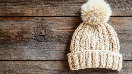 A cozy knitted beanie featuring a fluffy pom pom sits on a rustic wooden surface, perfect for winter styling or as a thoughtful gift for loved ones.の素材