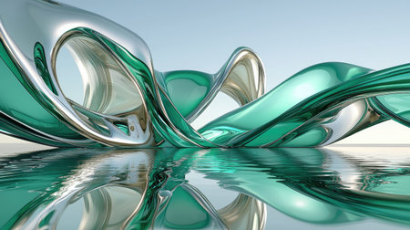 A stunning abstract representation of turquoise and silver waves gracefully flowing over a calm water surface, creating a visually captivating scene of tranquility and elegance.の素材