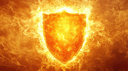 A striking shield symbol engulfed in flames, radiating warmth and energy. This image captures the essence of protection and strength, perfect for various creative projects.の素材