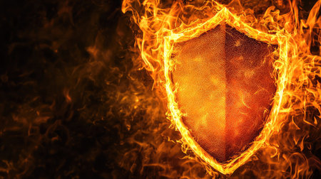 A striking image of a shield engulfed in flames, symbolizing protection and strength. The vibrant colors create a dramatic effect, emphasizing power and defense.の素材