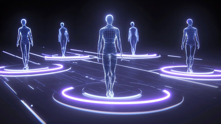 This digital illustration showcases human figures in wireframe design, surrounded by glowing circles. It represents the fusion of technology and human form in a futuristic setting.の素材