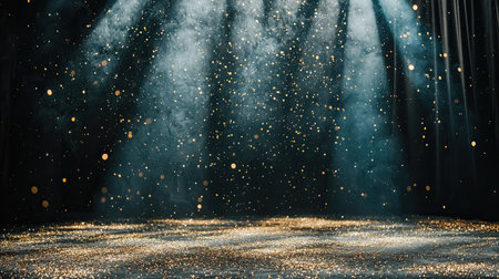 Ethereal light beams illuminate floating dust particles, creating a magical atmosphere perfect for stage performances, celebrations, and artistic visual compositions.の素材