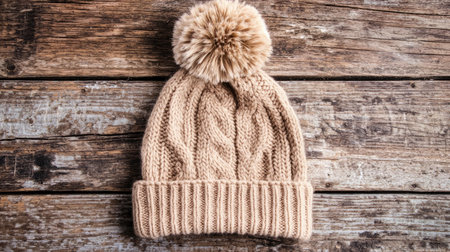 A cozy knitted beanie with a fluffy pom pom sits atop a rustic wooden surface. Perfect for winter style and cold weather comfort. Ideal for photography.の素材