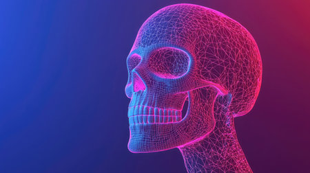 This image features a vibrant 3D wireframe skull model in neon colors, showcasing intricate geometric patterns against a dark background, perfect for science and design themes.の素材