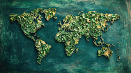 A creative representation of the world map using natural leaves on a textured background, symbolizing environmental awareness and the beauty of nature.の素材