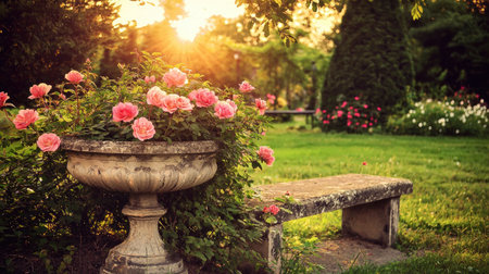 A picturesque garden scene featuring blooming roses and a vintage stone bench, capturing the warm glow of sunset in a tranquil outdoor setting.の素材