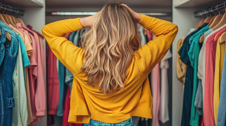 A woman stands facing her organized wardrobe, contemplating her outfit choices. This image captures the essence of style and fashion, showcasing a colorful array of clothing.の素材