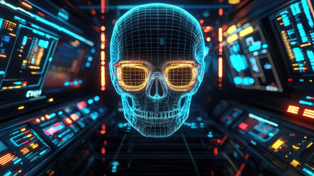 A striking digital skull wearing glasses is displayed in a futuristic tech environment, featuring vibrant neon colors and intricate wireframe graphics, ideal for creative projects.の素材