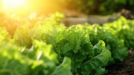 Vibrant green lettuce thrives in a sunlit garden, showcasing healthy growth and the beauty of nature. Ideal for healthy eating and gardening themes.の素材