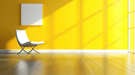 This image showcases a minimalist interior design featuring a bright yellow wall and a stylish chair. Sunlight streams through the window, creating an inviting atmosphere.の素材