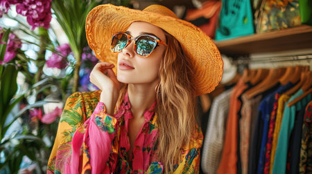 Stylish young woman poses in a boutique, showcasing vibrant fashion attire and an oversized hat. The lively environment features colorful clothing and floral decorations.の素材
