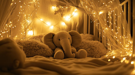 A tranquil baby nursery featuring a plush elephant toy surrounded by soft bedding and warm twinkling lights, creating a cozy and comforting atmosphere for little ones.の素材