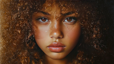 Close-up portrait of a young woman showcasing her curly hair, captivating brown eyes, and natural beauty, highlighting her unique features and radiant charm.の素材