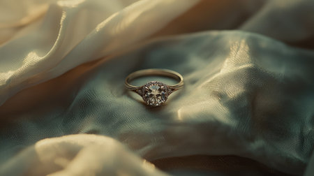 A stunning diamond engagement ring rests on soft fabric, showcasing elegance and beauty. Perfect for themes of love, luxury, and commitment in photography.の素材