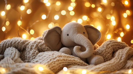 A delightful soft toy elephant nestled in a cozy knit blanket, illuminated by warm bokeh lights, creating a serene, joyful atmosphere perfect for childhood memories.の素材