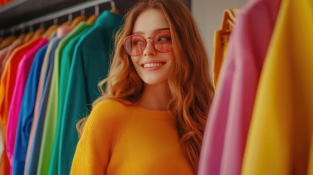 A young woman smiles brightly while posing beside a colorful clothing rack. Her stylish sunglasses and vibrant outfit reflect a cheerful, modern fashion vibe.の素材