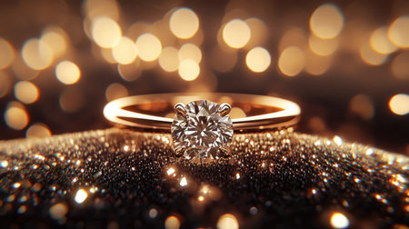 This stunning image showcases an elegant diamond ring set against a backdrop of sparkling lights. The intricate details highlight luxury and charm.の素材