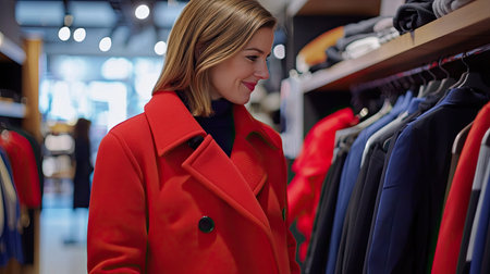 A young woman in a vibrant red coat enjoys shopping in a modern retail store, surrounded by a stylish selection of clothing options and a cheerful atmosphere.の素材