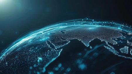 This stunning digital visualization showcases Earth from a unique perspective, featuring glowing dots and lines representing connectivity and data flow across continents and oceans.の素材