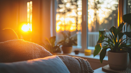 A serene living room scene showcasing a beautiful sunrise through a window, with soft, warm light illuminating cozy furniture and vibrant indoor plants, offering a tranquil ambiance.の素材