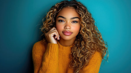 Captivating portrait of a young woman with curly hair, wearing a cozy sweater against a vibrant blue backdrop. Her smile radiates warmth and confidence.の素材