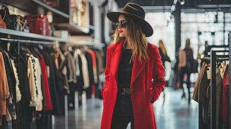 A fashionable woman showcases her style in a vibrant red coat and hat while shopping in a trendy boutique, capturing the essence of urban lifestyle and elegance.の素材