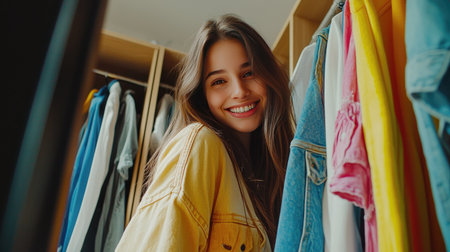 Young woman beams joyfully while standing amidst a colorful wardrobe, showcasing her playful and vibrant fashion choices. Perfect for lifestyle themes.の素材