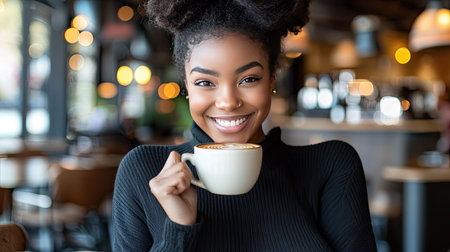 A joyful woman holds a warm cup of coffee, radiating happiness in a cozy cafe setting, capturing a moment of relaxation and enjoyment in vibrant surroundings.の素材