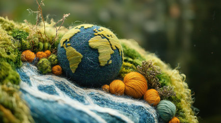 This artistic image showcases a textured representation of Earth using wool and natural elements, emphasizing creativity and sustainability in a natural setting.の素材